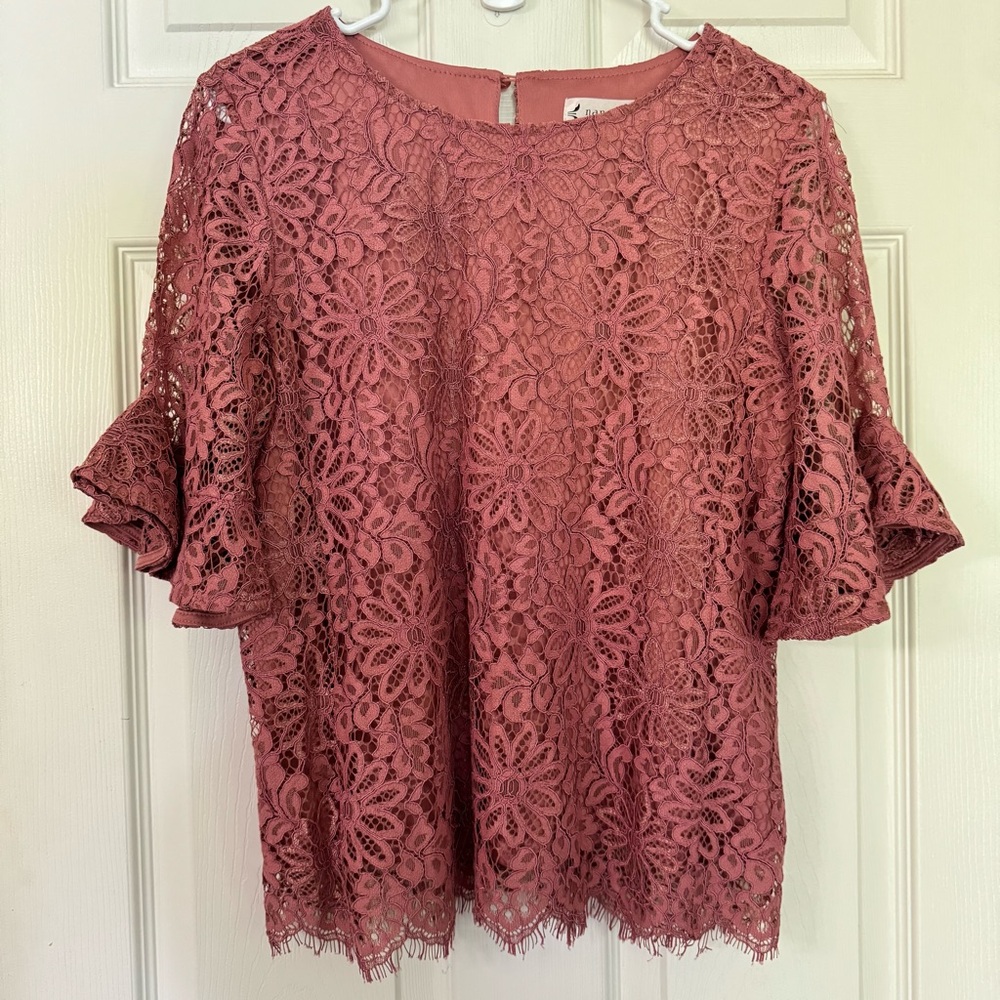 Nanette Lepore Lace Top Size Small Pink Lace Blouse Ruffle Sleeves Floral Shirt